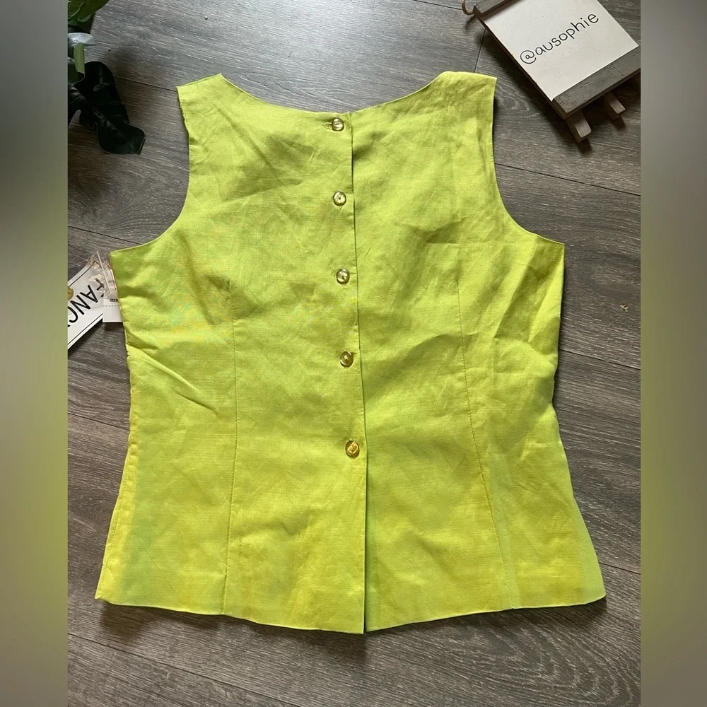 Vintage Fancy Lady Ramie Floral Embroidered Kiwi Green Sleeveless Top 10 NWT! - Picture 3 of 7
